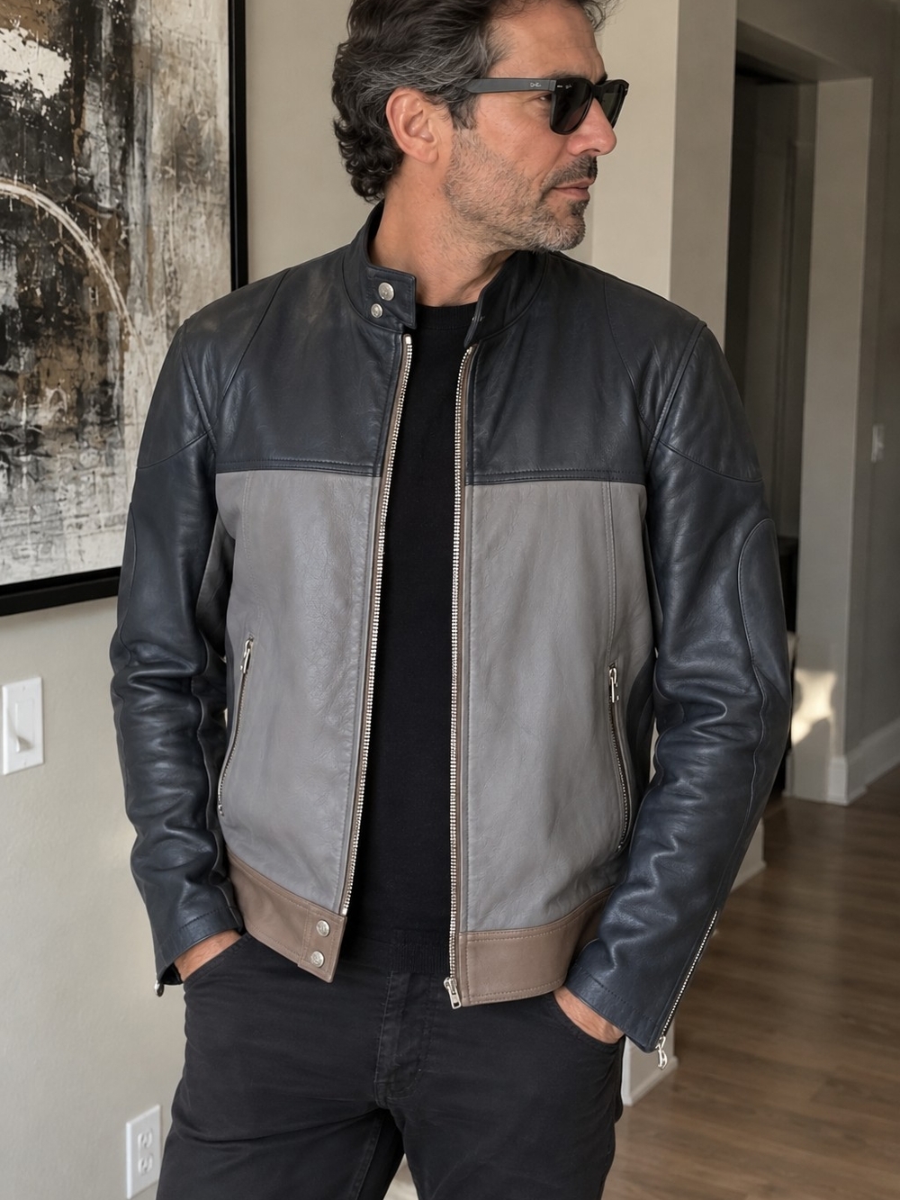 Authentic Louis Vuitton Men’s Leather Jacket Gray Colorblock Size L Rare